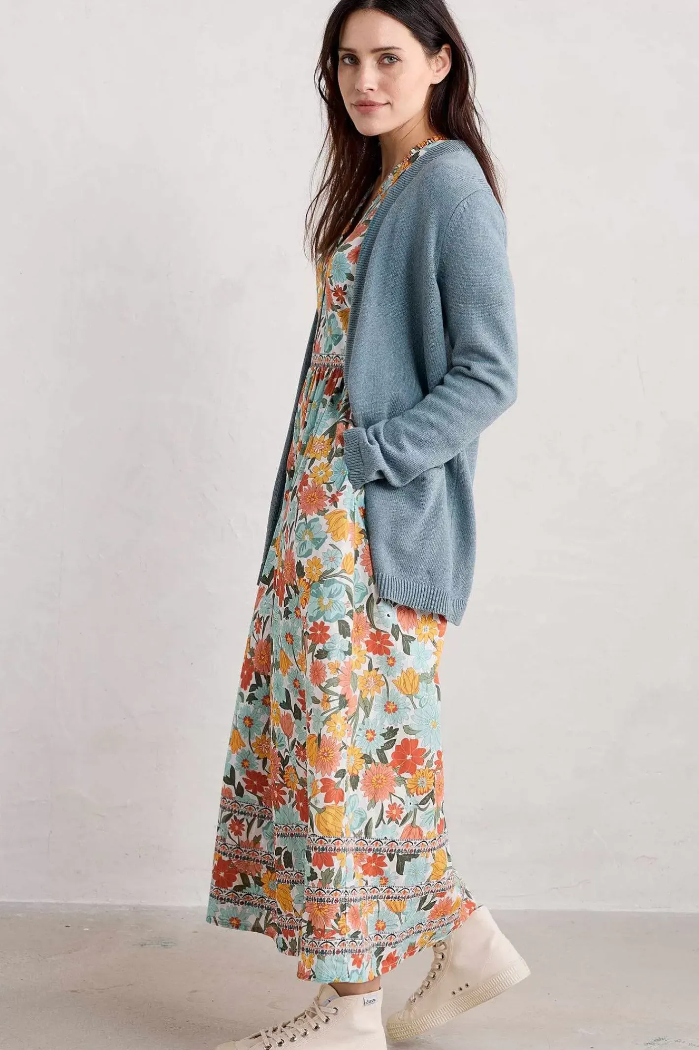 Women Seasalt Cornwall Blue Hills Border V-Neck Floral Dress