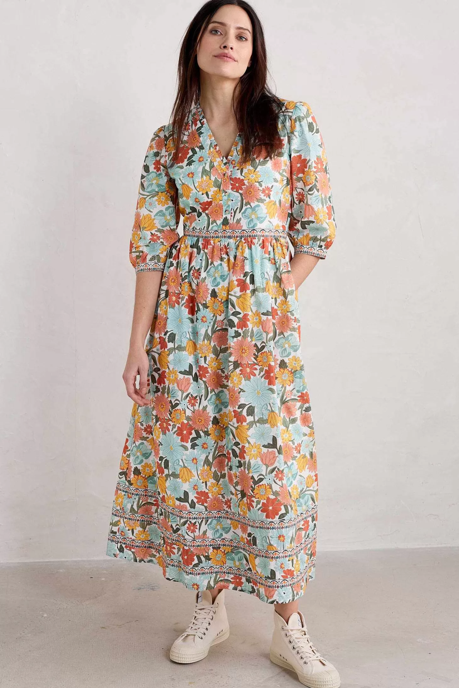 Women Seasalt Cornwall Blue Hills Border V-Neck Floral Dress