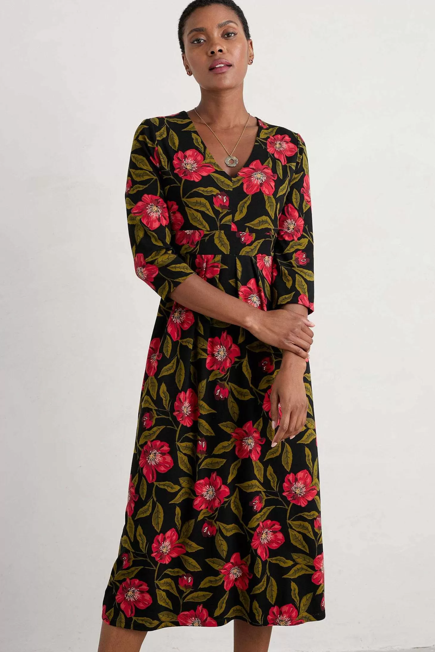 Women Seasalt Cornwall Flower Bud Jersey V- Neck Midi Dress